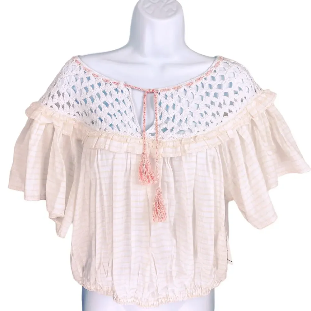 Free People Allora Allora Crochet Neck Striped Crop Top Medium NEW